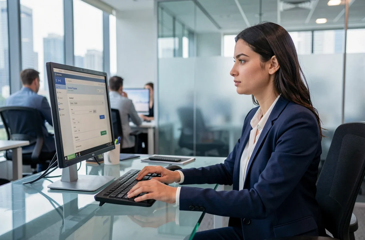 Jeune femme accédant à son espace bancaire en ligne depuis un poste de travail en entreprise