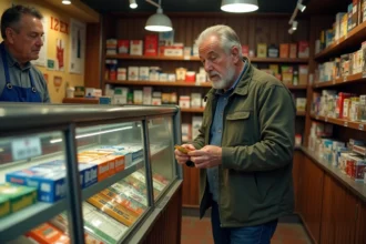 Un homme examine un paquet de cigarettes dans un bureau de tabac en Belgique près d'une frontière, avec une vitrine de produits tabac en arrière-plan