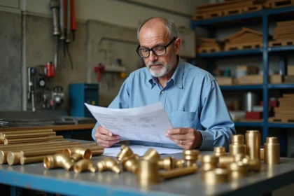 Acheteur professionnel examinant les prix du laiton au kilo dans un atelier industriel avec des barres et raccords en laiton sur un établi métallique