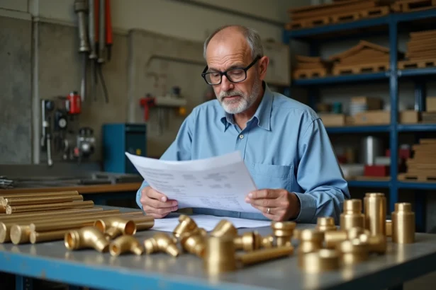 Acheteur professionnel examinant les prix du laiton au kilo dans un atelier industriel avec des barres et raccords en laiton sur un établi métallique
