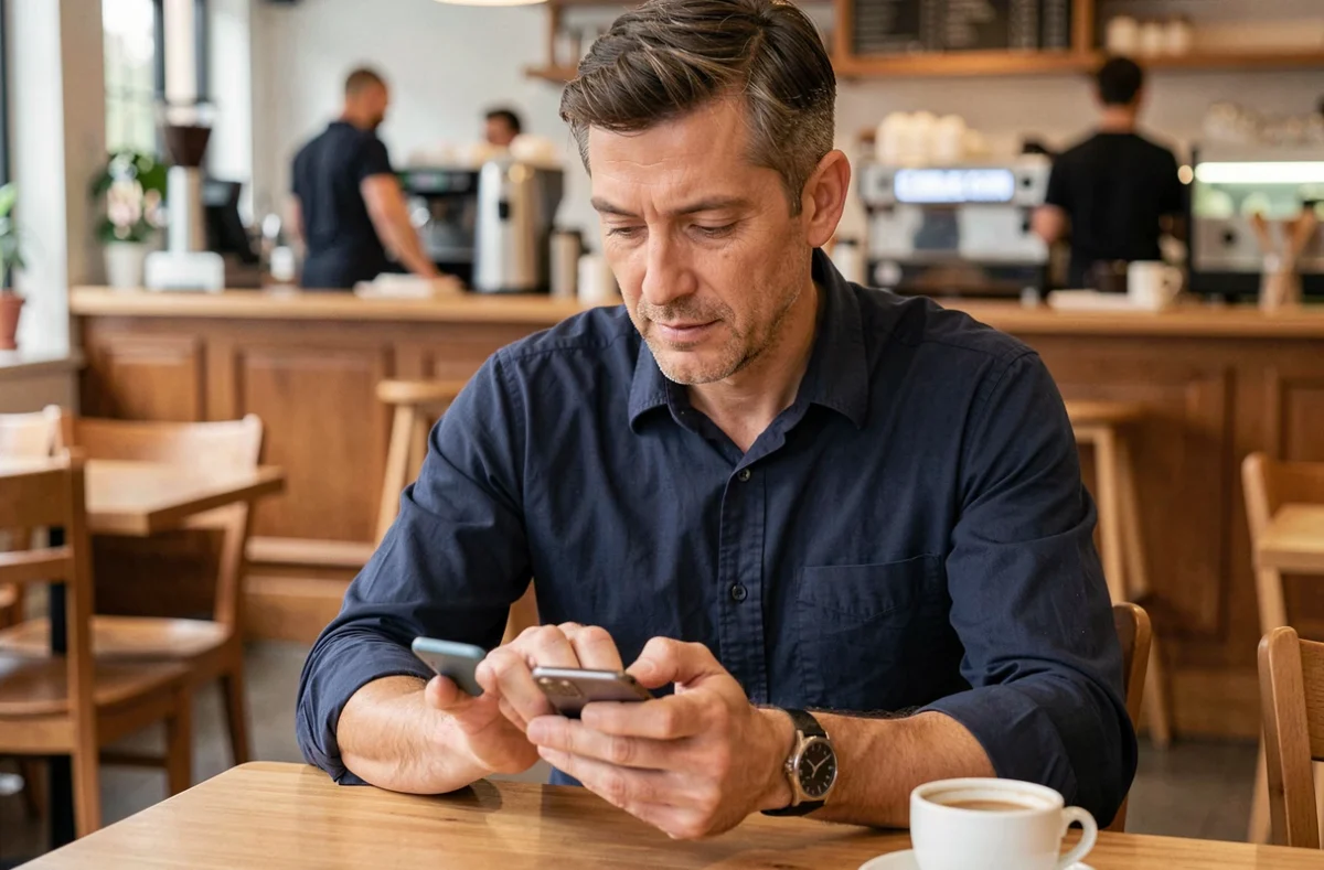 Homme activant son compte Caisse d'Epargne en ligne depuis son smartphone dans un café