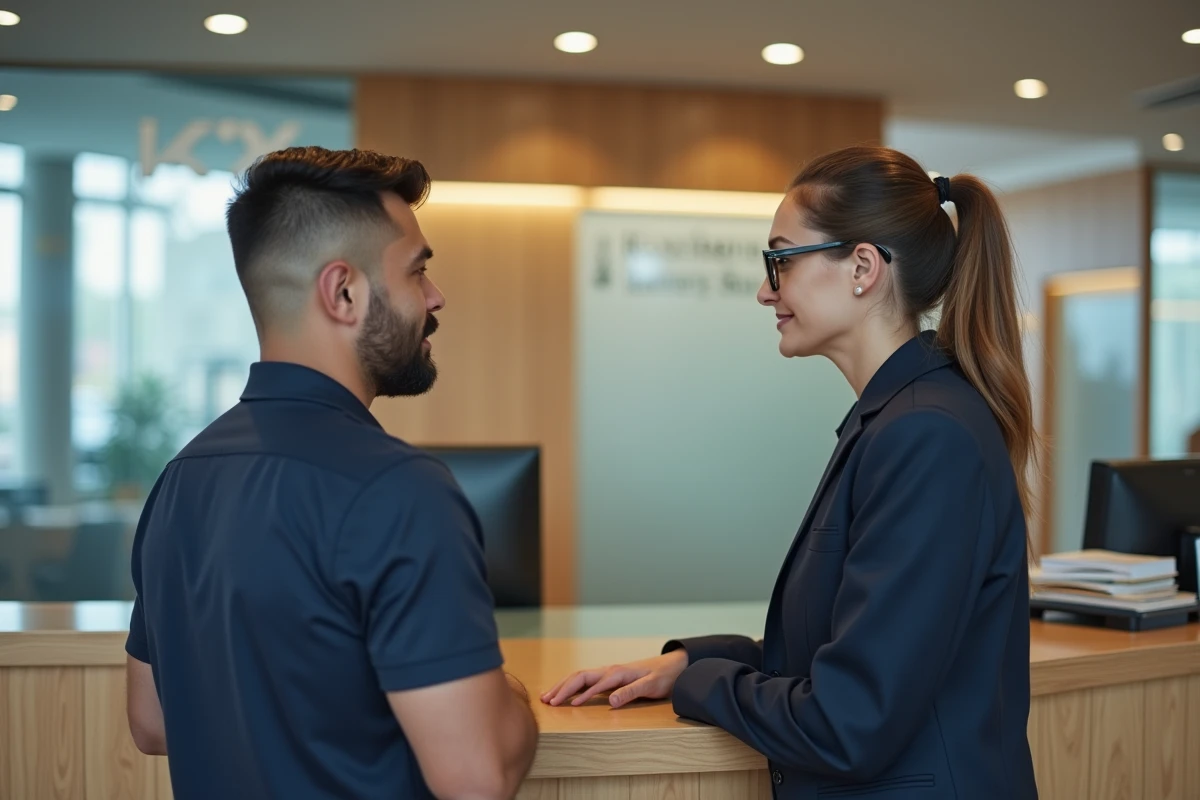 Client en agence bancaire parlant à un conseiller pour le déverrouillage de sa carte