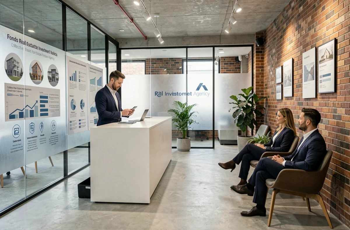 Agence d'investissement immobilier spécialisée en SCPI avec clients en attente et affichage informatif