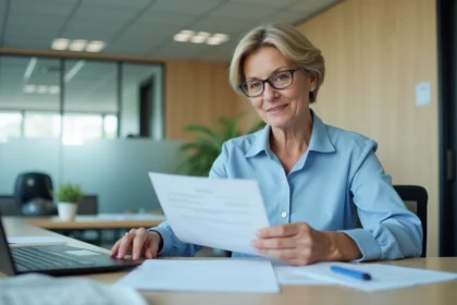 Agente administrative du SGC Nord Vendée aidant un usager avec ses documents officiels dans un bureau public moderne