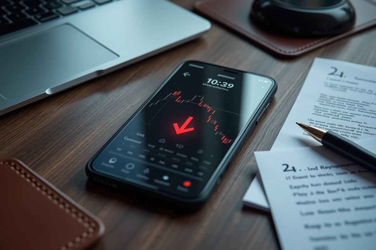 Vue aérienne d'un smartphone affichant une alerte sur une application crypto avec des documents d'analyse imprimés