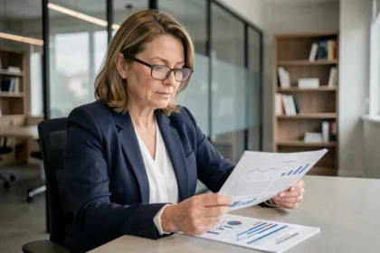 Femme analyste financière étudiant des documents sur la SCPI Corum Origin dans un bureau moderne
