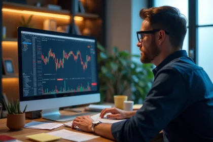 Homme analysant une plateforme crypto suspecte sur son ordinateur avec des signaux d'alerte visibles à l'écran