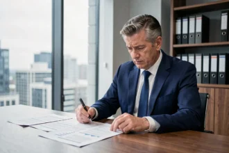 Homme d'affaires analysant des documents financiers liés aux risques d'un placement en SCPI dans un bureau moderne