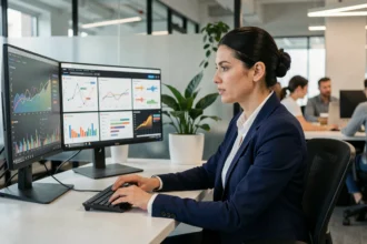 Une professionnelle de la fintech analyse des tableaux de bord de scoring automatisé sur deux écrans dans un bureau moderne