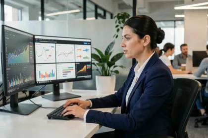 Une professionnelle de la fintech analyse des tableaux de bord de scoring automatisé sur deux écrans dans un bureau moderne