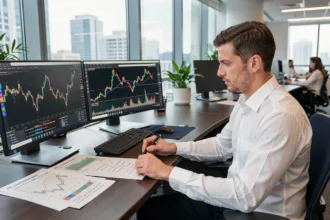 Analyste financier étudiant des graphiques boursiers EPA CDI sur plusieurs écrans dans un bureau de trading moderne