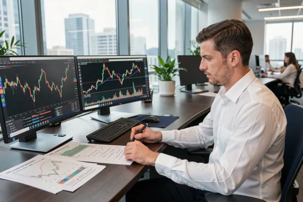 Analyste financier étudiant des graphiques boursiers EPA CDI sur plusieurs écrans dans un bureau de trading moderne