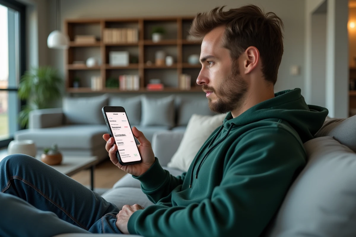 Jeune homme utilisant une application mobile pour comparer crédit renouvelable et prêt personnel sans justificatif