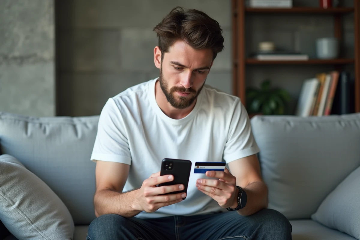 Jeune homme utilisant une application mobile bancaire pour déverrouiller sa carte bleue