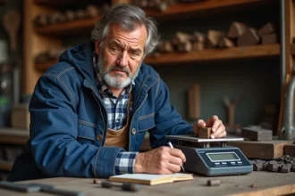 Artisan mesurant un bloc de bronze avec une balance numérique