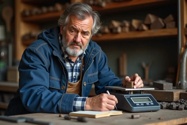 Artisan mesurant un bloc de bronze avec une balance numérique