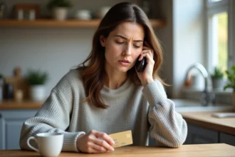 Femme utilisant l'assistance téléphonique pour déverrouiller sa carte bancaire à la maison