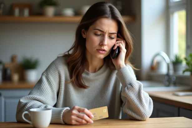 Femme utilisant l'assistance téléphonique pour déverrouiller sa carte bancaire à la maison