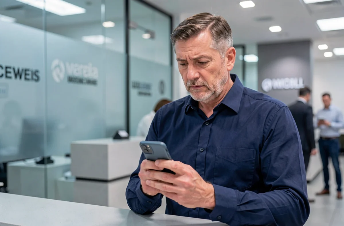 Homme vérifiant une notification d'authentification sur son téléphone dans une agence bancaire pour sécuriser son accès en ligne