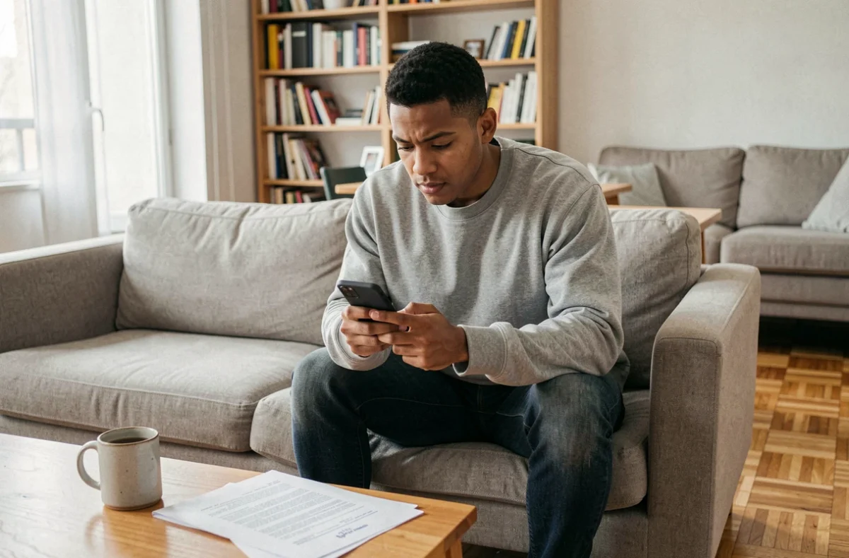 Personne lisant des avis clients sur l'assurance emprunteur Utwin depuis son smartphone à la maison