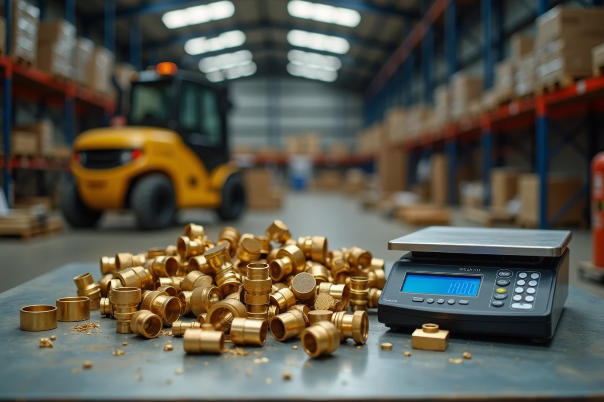 Balance numérique pesant des pièces de laiton brut et usiné sur une table en acier dans un centre de recyclage métallurgique professionnel