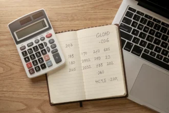 Bureau avec calculatrice, carnet de comptes et ordinateur portable