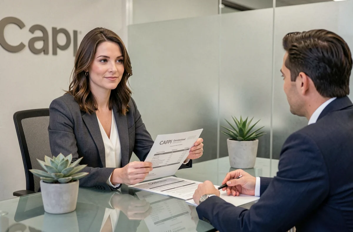 Conseillère CAFPI présentant un comparatif de prêts immobiliers à un investisseur locatif