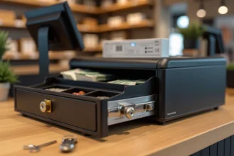 Caisse pour argent avec serrure à clé posée sur un comptoir de boutique, tiroir ouvert révélant des billets et des pièces organisés