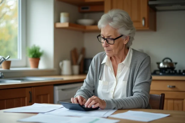 Femme à la retraite calculant sa pension nette à partir de documents bruts sur une table en bois