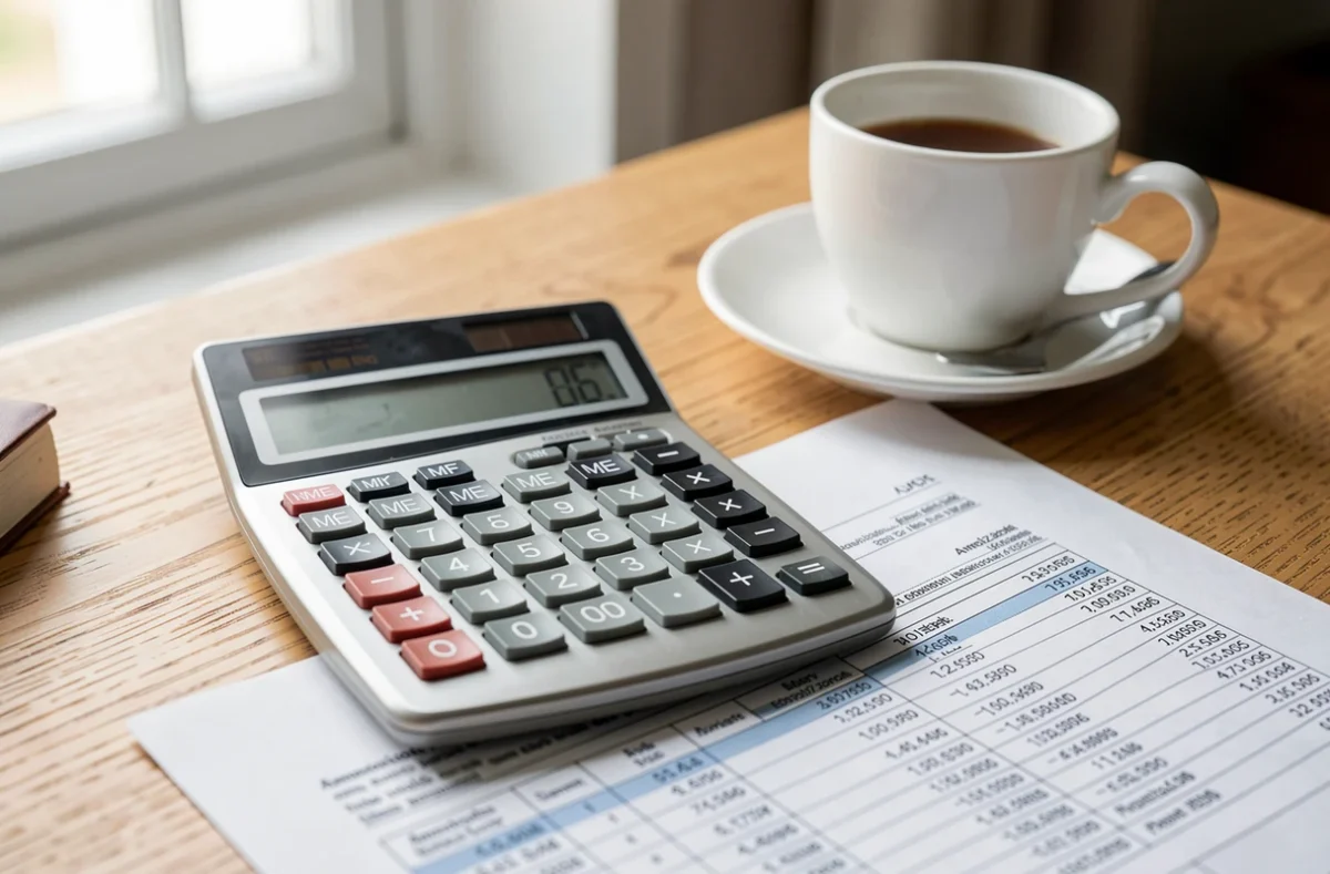 Calculatrice et tableau d'amortissement posés sur un bureau