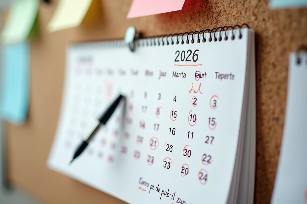 Calendrier 2026 affiché sur un tableau liège avec dates de versement invalidité et jours fériés annotés