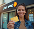 Personne tenant une carte prépayée devant une banque française ensoleillée