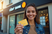 Personne tenant une carte prépayée devant une banque française ensoleillée