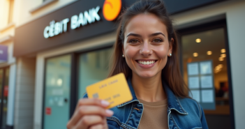 Personne tenant une carte prépayée devant une banque française ensoleillée