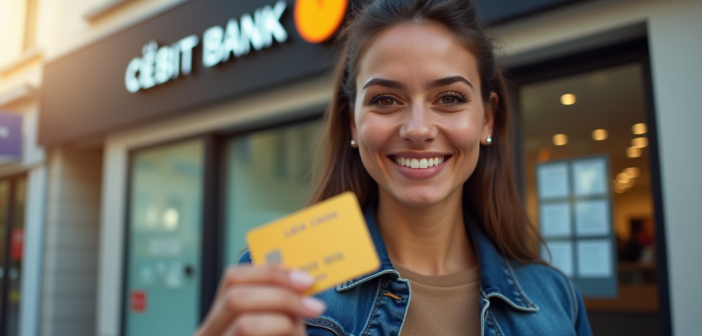 Personne tenant une carte prépayée devant une banque française ensoleillée