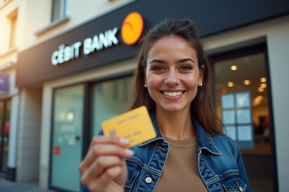 Personne tenant une carte prépayée devant une banque française ensoleillée