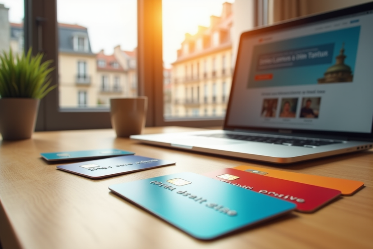 Plusieurs cartes prépayées colorées sur un bureau en bois lumineux