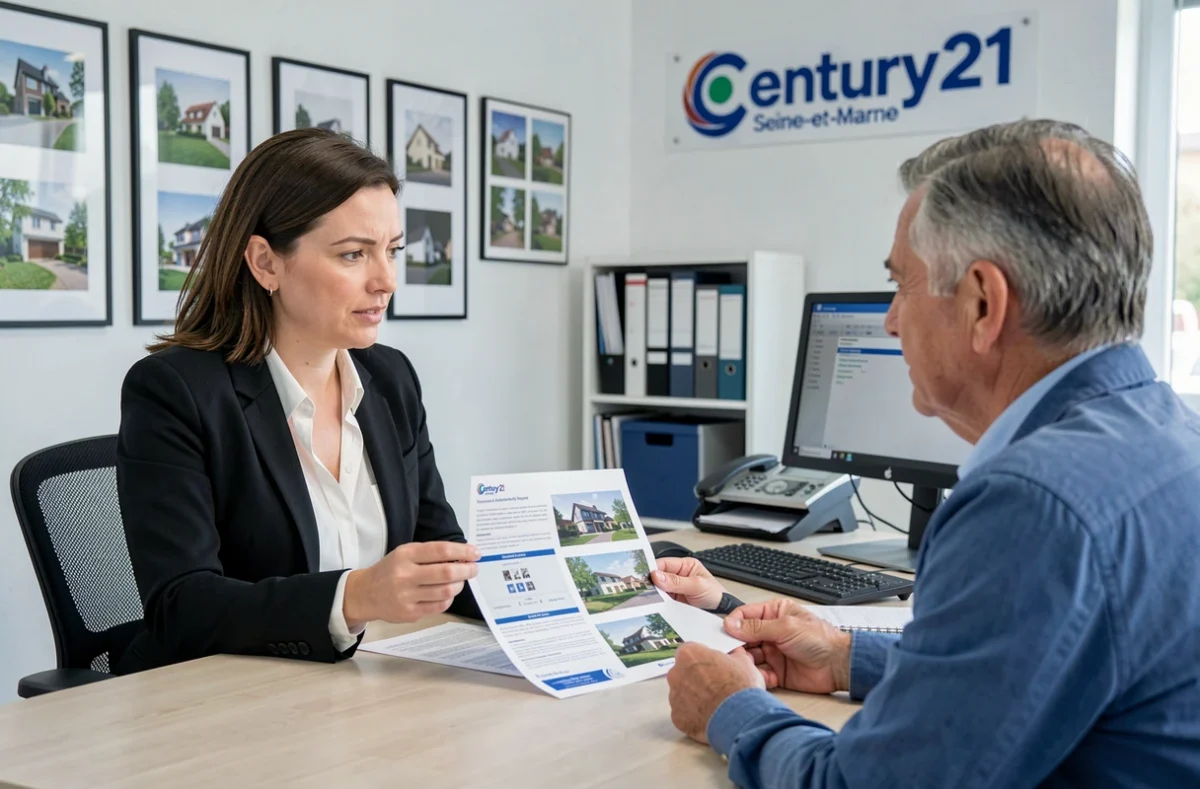 Agente Century 21 en consultation avec un client dans une agence du département 77