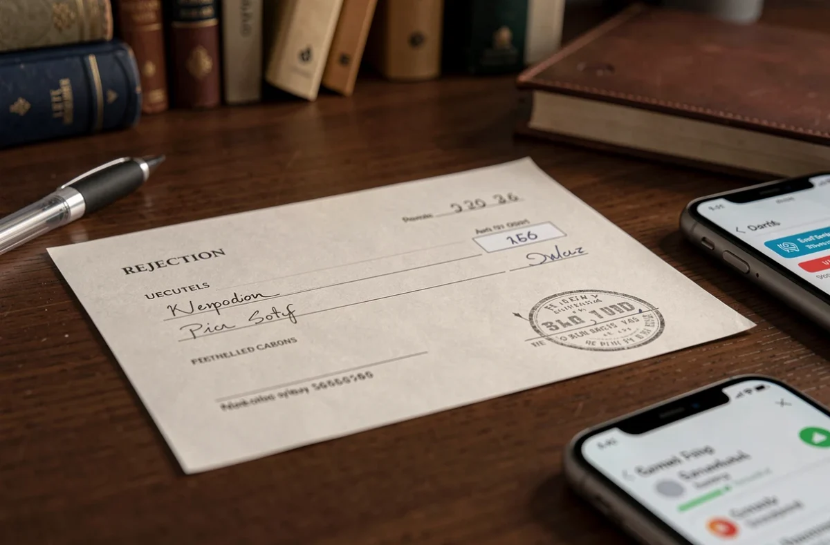 Chèque impayé et avis de rejet posés sur un bureau, symbolisant les nouvelles règles légales sur les chèques sans provision