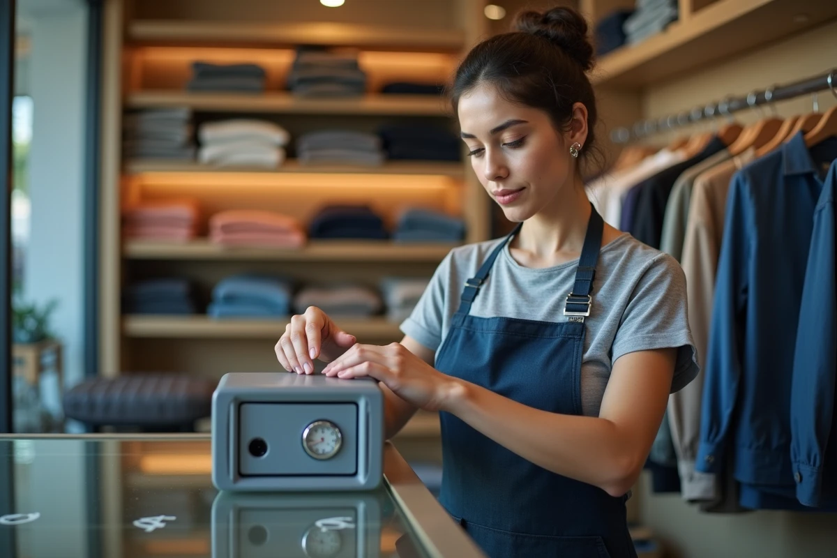 Commerçante réglant la combinaison d'une caisse sécurisée à code dans sa boutique de vêtements