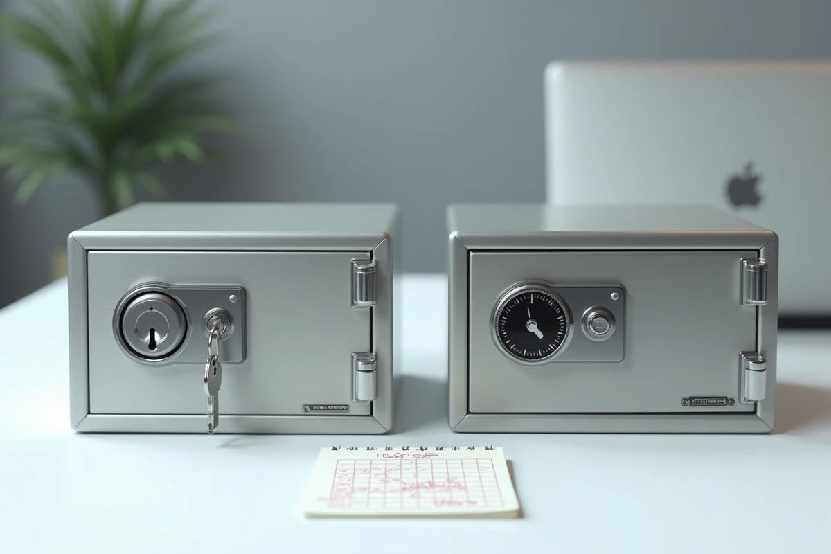 Comparaison de deux caisses à monnaie : modèle à clé et modèle à combinaison numérique côte à côte sur un bureau de boutique