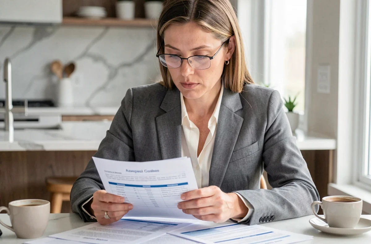 Femme comparant des offres d'assurance emprunteur à son domicile avec des documents imprimés