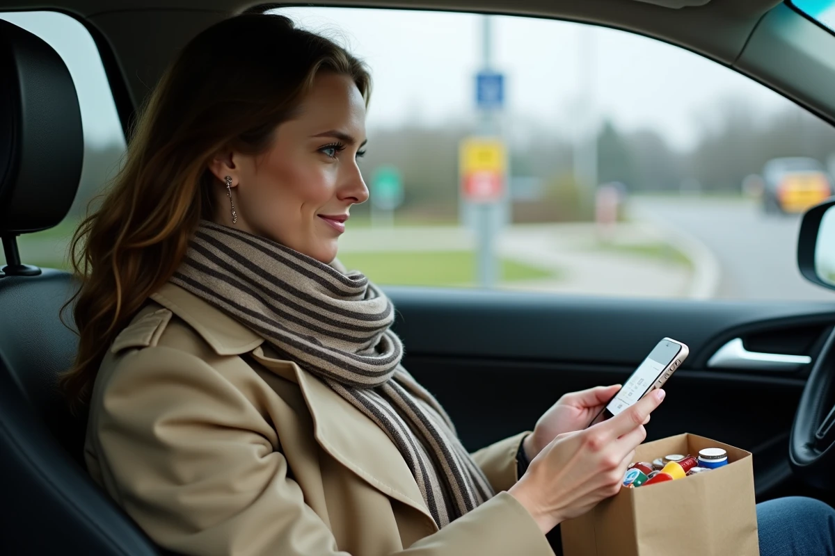 Une femme assise dans une voiture près d'un poste frontière franco-belge consulte son téléphone pour comparer les prix des cigarettes