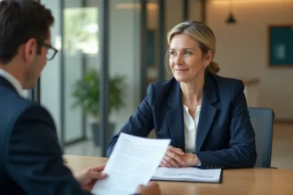 Femme cadre discutant d'un compte à terme avec un conseiller Crédit Agricole dans une agence bancaire moderne