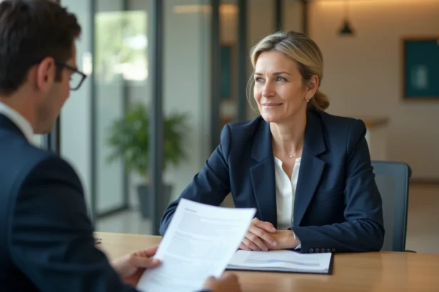 Femme cadre discutant d'un compte à terme avec un conseiller Crédit Agricole dans une agence bancaire moderne