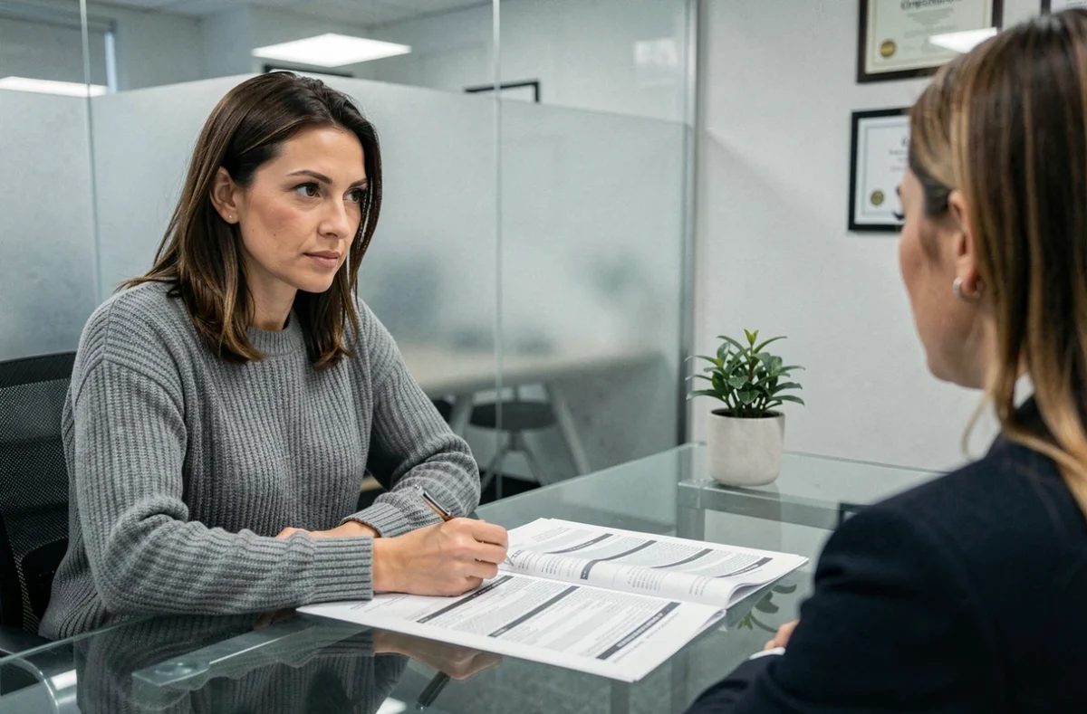 Femme consultant un conseiller fiscal pour mensualiser ses impôts fonciers suite à un achat immobilier