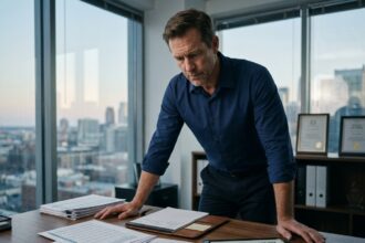 Conseiller financier analysant les frais de SCPI sur des documents et une tablette dans un bureau moderne