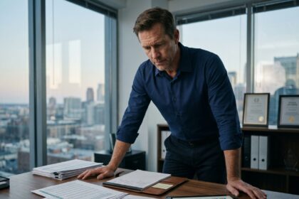 Conseiller financier analysant les frais de SCPI sur des documents et une tablette dans un bureau moderne