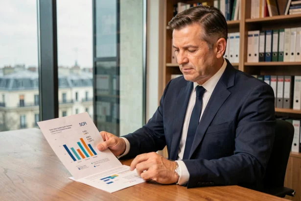 Conseiller financier analysant le rendement moyen des SCPI sur des graphiques imprimés dans un bureau professionnel