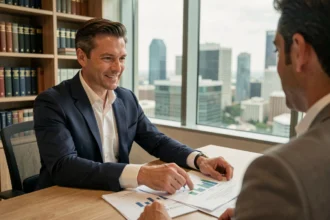 Conseiller financier présentant une SCPI Primonial à un client dans un bureau professionnel moderne